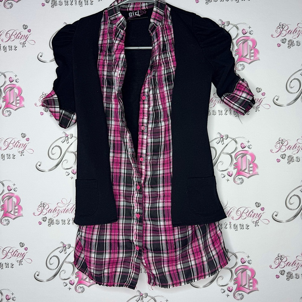 Girl confidential emo punk gothic plaid button up shirt attached 2 shirts cute